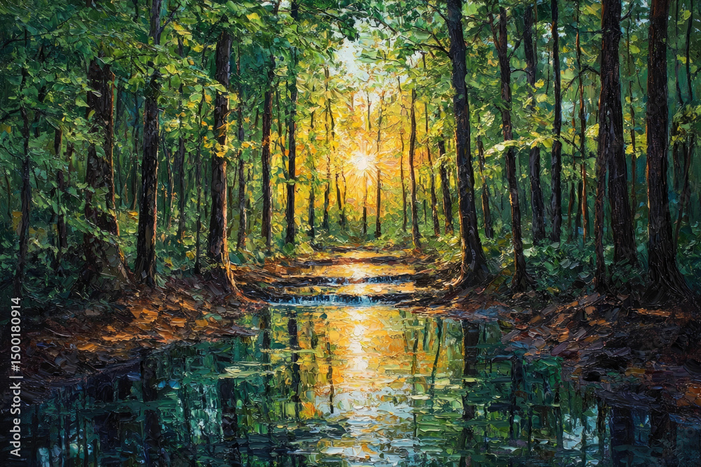 Naklejka premium Sunlit forest path reflected in a tranquil stream, creating a serene and picturesque landscape.