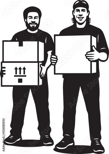 Movers carrying boxes design, teamwork in motion silhouette