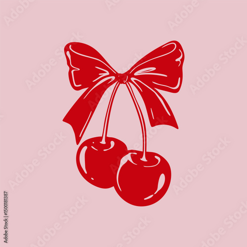 Hand drawn doodle cherry with cute bow ribbon. Coquette love pink and red graphic print. Handwritting vintage girly vector illustration. Aesthetic Valentines day retro design element