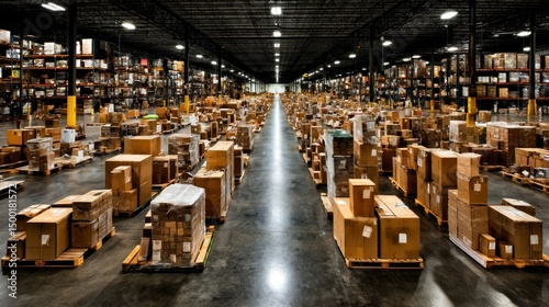 Warehouse Row of boxes and pallets, depth of field photo