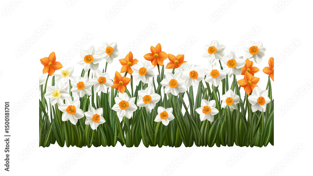 Fototapeta premium Vibrant Spring Daffodil Border - White and Orange Flowers in Lush Green Grass