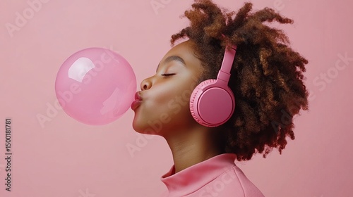 Teenager blowing pink bubblegum while wearing matching pink headphones against a solid pink background.