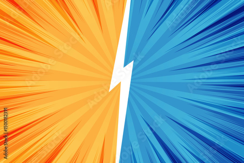 Comic book panel storyboard, cartoon manga versus battle style blank template, yellow and blue sunburst background.