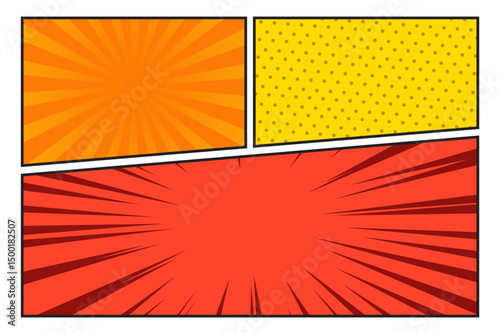 Colorful comic manga panel background with halftone and rays effect