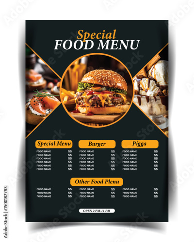 Modern clean and best vector food flayer design. Advantage your restaurant with our best food flayer design. Design template with menu.