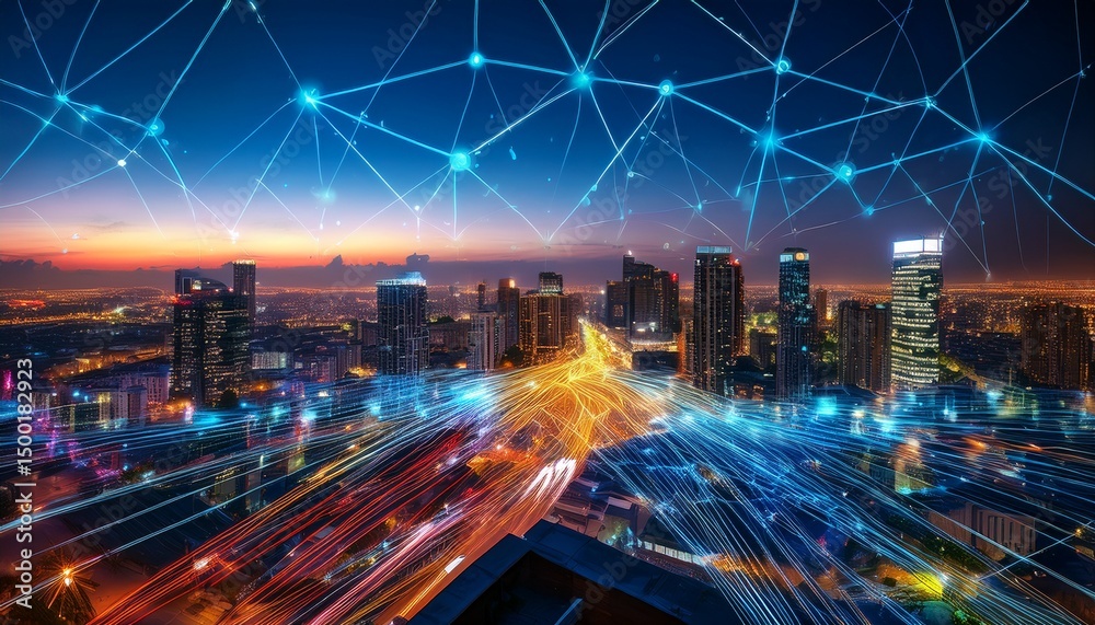 Obraz premium this image depicts a city rooftop view at night where colorful digital network lines interconnect the buildings in a vibrant display