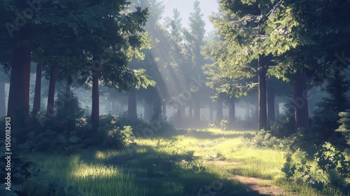 Forest with a path through it. The sun is shining through the trees, creating a peaceful
