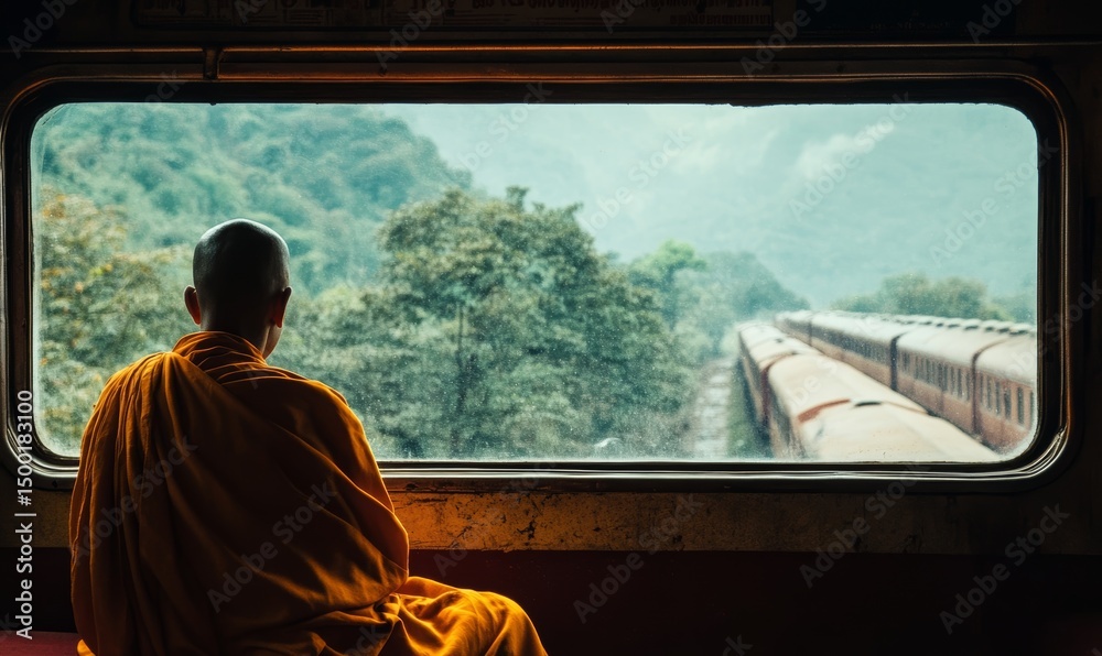 Fototapeta premium Contemplative Monk on a Train Journey Through Lush Landscape