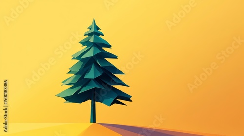 Tree is standing on a yellow background. The tree is made of paper and is very thin