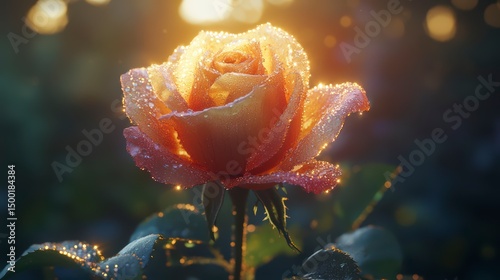 Close up of a rose with dew drops on it. The image has a serene and peaceful mood