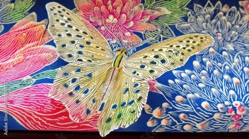 Illuminated butterfly art, floral backdrop, museum display