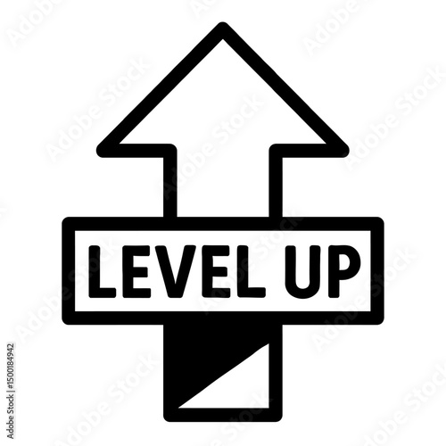 Simple Black Outline Level Up Icon with Text and Upward Arrow
