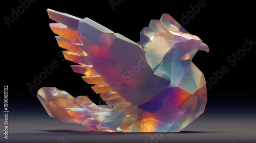 Iridescent Glass Bird Sculpture, Dark Background, Studio Shot, Decorative Art