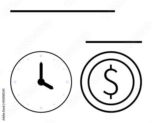 Clock face and dollar sign outline highlighting time-money relationship. Ideal for productivity, investment, time management, scheduling, budgeting, finance, simple landing page