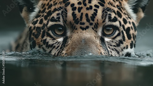 Jaguar swimming, rainforest river, close-up eyes, wildlife documentary