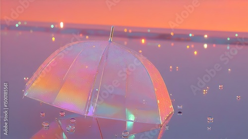 Iridescent umbrella, sunset reflection, water, bokeh
