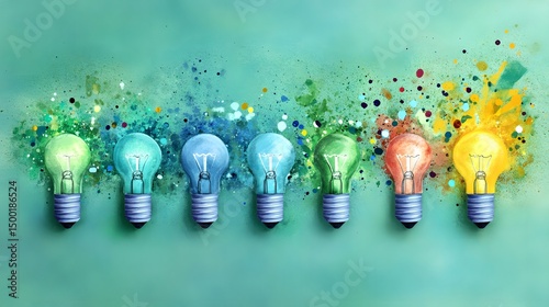 Colorful Light Bulbs Watercolor Art Idea Concept