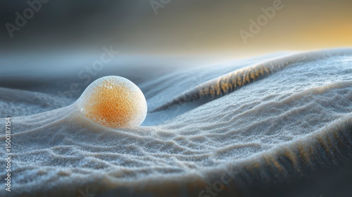 Small orange ball is on a sandy beach. The beach is covered in sand. The scene is peaceful