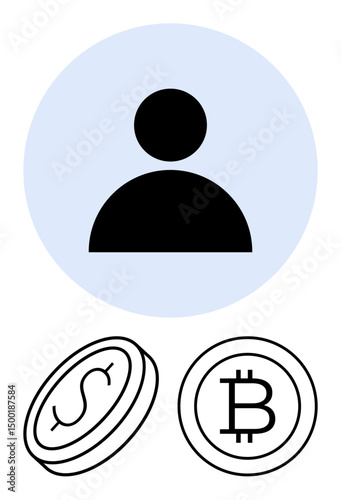 User profile icon above dollar and bitcoin coins, symbolizing finance, currency, user identity, and digital payment. Ideal for finance, cryptocurrency, investment, digital wallet user settings