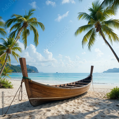 Barca de madera tradicional varada sobre la arena blanca de una playa tropical, rodeada de palmeras y con el mar turquesa y montañas al fondo bajo un cielo azul despejado