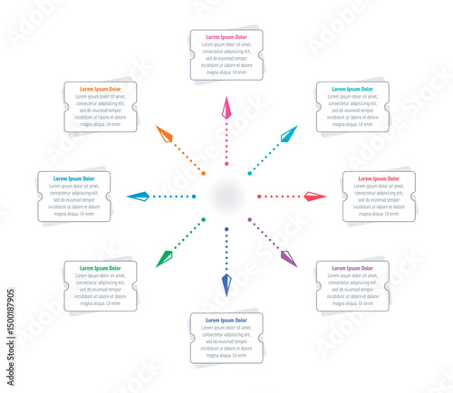 colorful spearheads infographic template. eight steps information template. infographic template for business, education, annual report, magazine