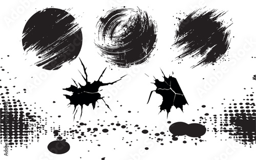 Abstract black ink splatter brush strokes grunge texture design elements