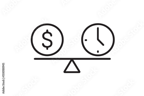Balance between money and time symbolized by scale with dollar and clock icons.
