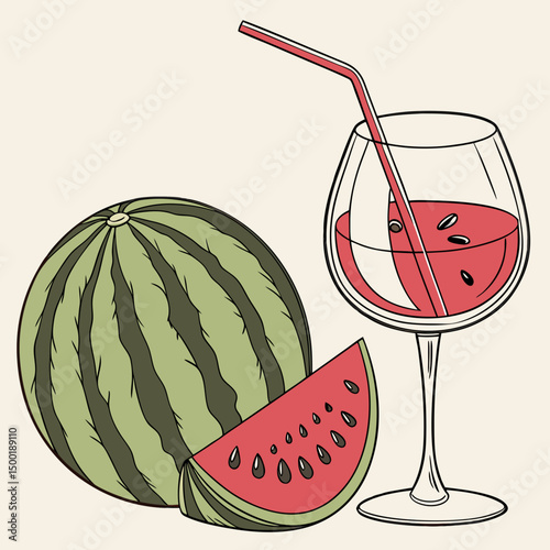 Watermelon and a glass of juice, refreshing, on a light background
