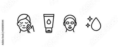 Skincare icons: female facial treatment, cream, mask, hydration drop.