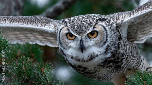 Owl in flight, forest, close-up, blurred background, wildlife