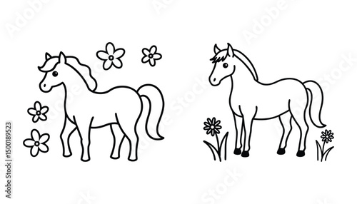 Two outline drawings of horses in a meadow with flowers