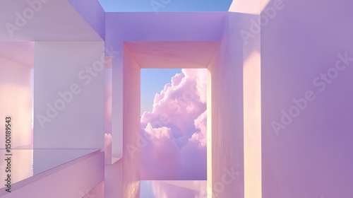 Pastel architecture, sky view, dreamy cloudscape, product display