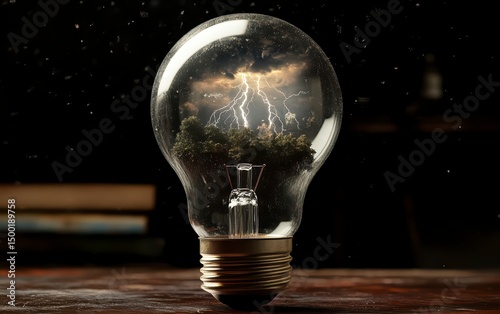 Light bulb is lit up with a storm in the background. The bulb is surrounded by books and a chair