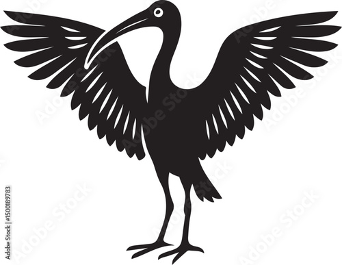 Ibis bird with outstretched wings silhouette, Flying ibis elegant black design