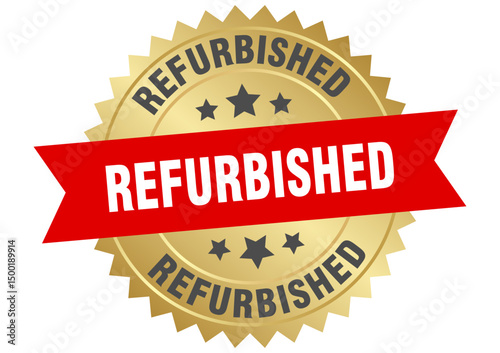 refurbished. refurbished round red and gold label isolated on transparent background