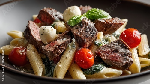 Penne pasta, steak, mozzarella, cherry tomatoes, spinach