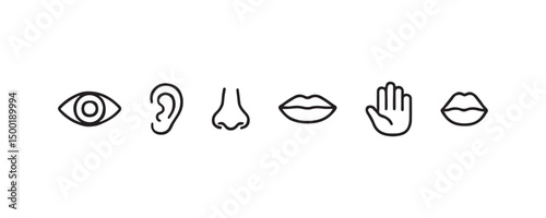 Simple line art representations of eye, ear, nose, lips, and hand.