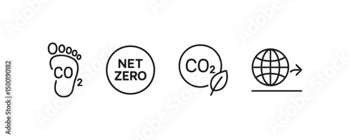 Carbon footprint icons: net zero, co2 neutrality, global impact symbols.