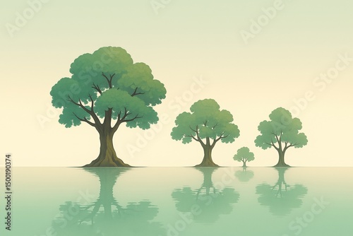 Line of Trees Reflected on a Tranquil Lake