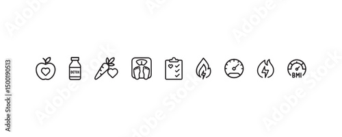 Health and diet icons: apple, detox, carrot, scale, checklist, leaf, metabolism, bmi.