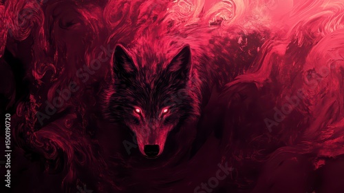 Wolf with glowing eyes is staring at the camera. The image has a dark and mysterious mood