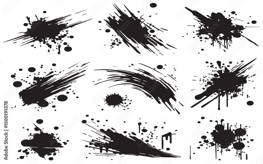 Abstract black ink splatter set graphic design elements