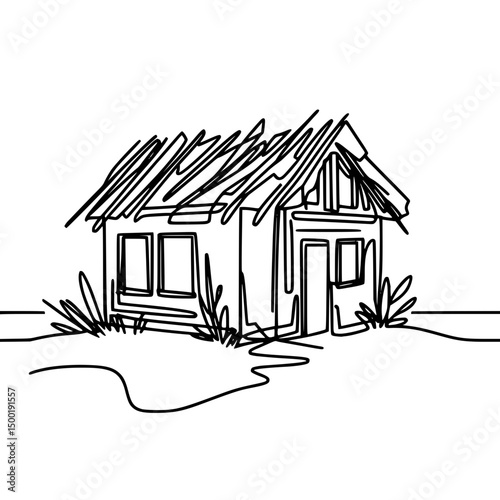 Line drawing of a simple house with a thatched roof on the ground  