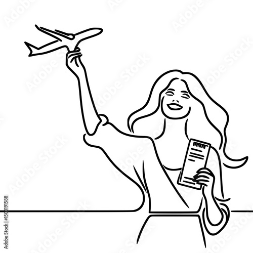 Woman celebrating with airplane model and boarding pass in hand, concept of single line outline vector  