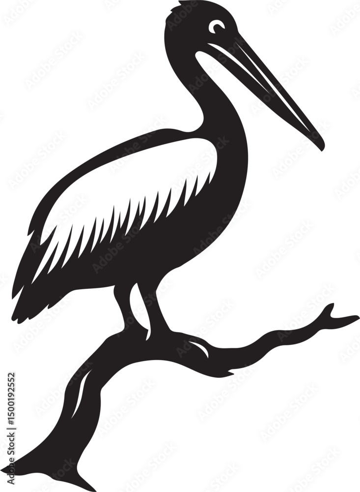 Fototapeta premium Pelican perched on branch silhouette, Resting pelican on tree black design