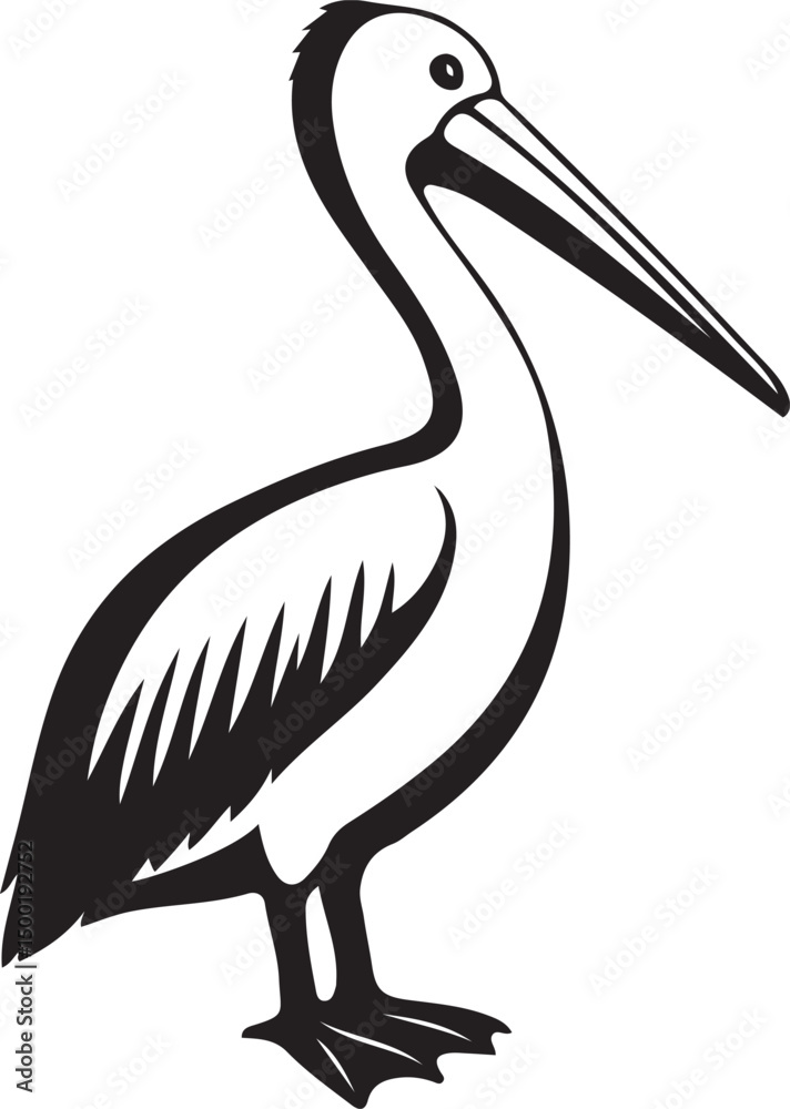 Fototapeta premium Bold pelican illustration black and white, Strong pelican silhouette flat style