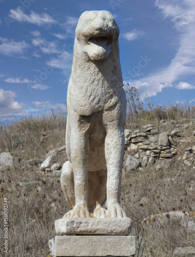 Statue of one of the Delian Lions, a series of marble lion statues, donated by Naxos to Delos at the end of the 7th century BC in honor of Apollo (Delos, Mykonos, Greece)