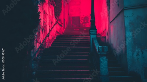 Neon Pink Lit Steps in Dark Alleyway Night