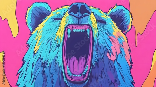 Vibrant Psychedelic Roaring Bear Art Illustration