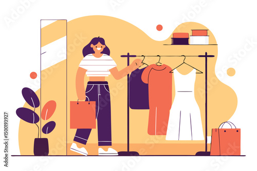 Young woman enjoying shopping spree, colorful vector art for e-commerce and sales campaigns